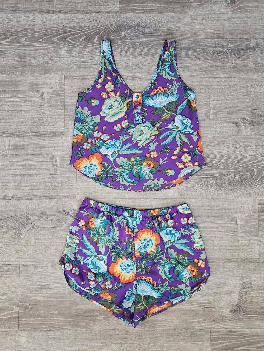 90s Victoria's Secret Gold Label Satin Floral Pajama Set Purple Cami & Shorts P
